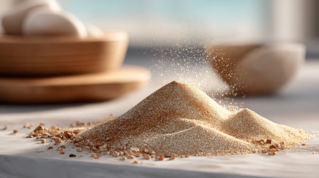 A finely textured pile of natural sand gracefully arranged on a surface, complemented by simple background elements for versatile culinary and artistic applications.の素材