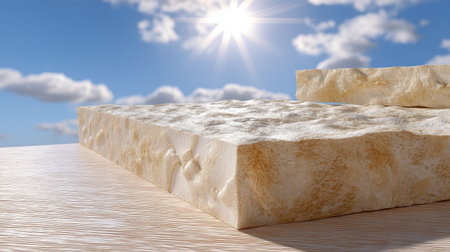 This close-up image showcases a textured piece of natural stone, illuminated by bright sunlight against a blue sky, ideal for design and construction projects.の素材