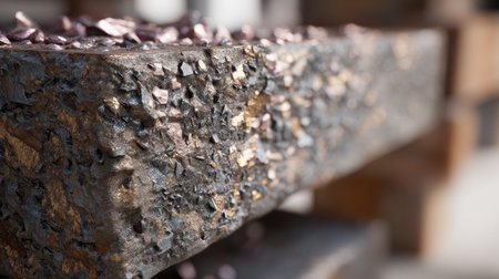 This image features a detailed close-up of a metallic surface showcasing unique textures and mineral deposits, illuminated by natural light.の素材