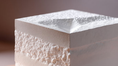 This image showcases a close-up of a geometric foam block, highlighting its unique textures and layers. The soft lighting enhances the visual appeal, creating a minimalist aesthetic perfect for design and artistry.の素材