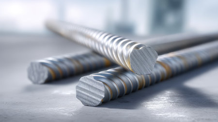 This image features a close-up view of hexagonal metallic rods resting on a smooth surface, highlighting their shiny texture and industrial design.の素材