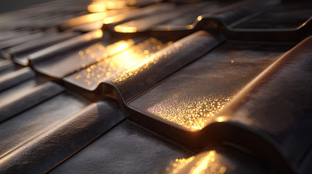 This close-up image showcases a roof tile reflecting the warm colors of a sunset, highlighting its smooth texture and elegant design. Perfect for architectural themes.の素材