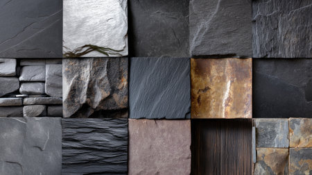 A stunning display of various textured stone tiles arranged in a grid layout, ideal for showcasing design options in architecture and interior decorating.の素材