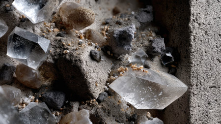 This close-up image showcases natural crystals resting on a rocky surface, surrounded by fine sand and gravel. The clarity and texture of the crystals create a stunning visual contrast perfect for educational or decorative purposes.の素材