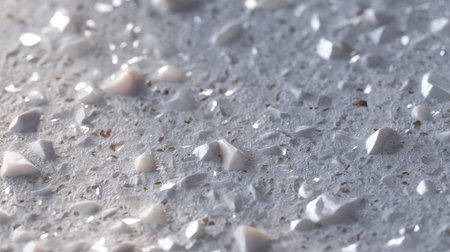 This image features a close-up view of fine white crystals scattered on a surface, illuminated by natural light. The intricate texture and sparkling details create a visually captivating abstract representation of natural beauty.の素材