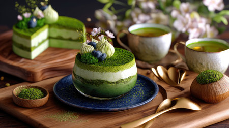 A beautifully arranged matcha dessert served on a wooden tray, showcasing layers of creamy green tea goodness alongside floral elements and tea.の素材