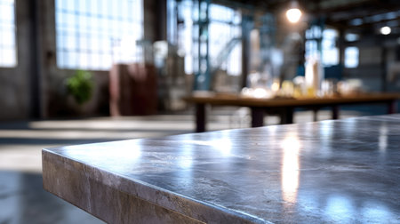 A modern industrial interior featuring a reflective table surface under soft ambient lighting, creating a serene and inviting atmosphere.の素材
