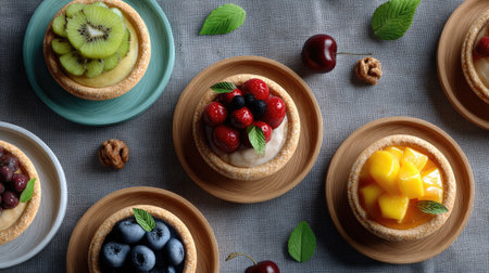 A delightful arrangement of individual fruit tarts on wooden plates, featuring colorful toppings like kiwi, berries, and mango, garnished with fresh mint leaves.の素材
