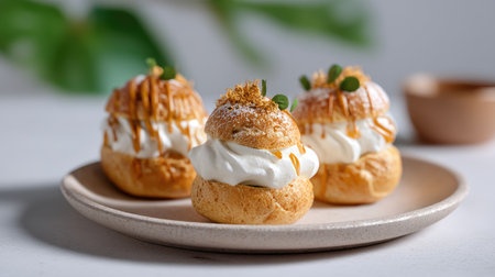 A stunning arrangement of cream puff desserts filled with luscious whipped cream, topped with delicate garnishes on a neutral plate. Perfect for showcasing culinary excellence in any setting.の素材
