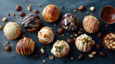 A vibrant collection of gourmet donuts featuring an array of unique toppings and drizzles, beautifully arranged on a rustic wooden surface.の素材