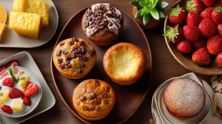 A delightful assortment of freshly baked goods alongside vibrant strawberries and tropical fruits, perfect for gatherings or personal indulgence. Enjoy the rich flavors and tempting presentation ideal for any sweet tooth.の素材