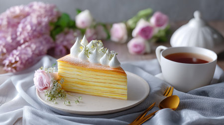 A visually appealing layered cake topped with whipped cream, elegantly presented beside a cup of tea and fresh flowers, perfect for a cozy gathering.の素材