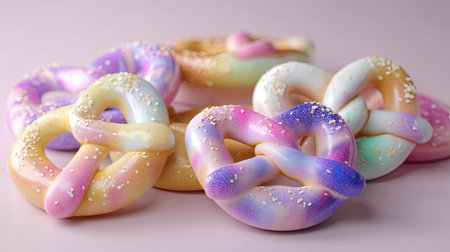 A stunning arrangement of colorful pastel pretzels featuring a glittery finish. Perfect for capturing the essence of creativity and whimsy in desserts.の素材