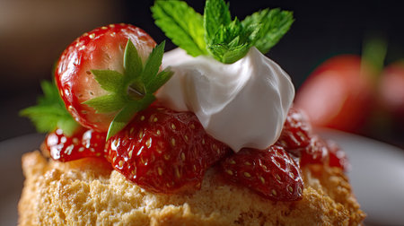 This enticing image features a fresh strawberry shortcake elegantly topped with cream and mint. Perfect for showcasing delicious desserts and summer indulgences.の素材