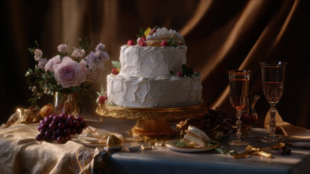 A stunning three-tier cake adorned with fresh fruit sits elegantly on a golden stand, accompanied by flowers and fine glassware, perfect for celebrations.の素材