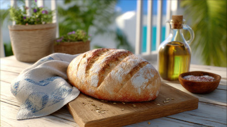 A beautifully crafted artisan bread loaf rests on a wooden cutting board, surrounded by olive oil and fresh herbs, set in a bright outdoor space.の素材