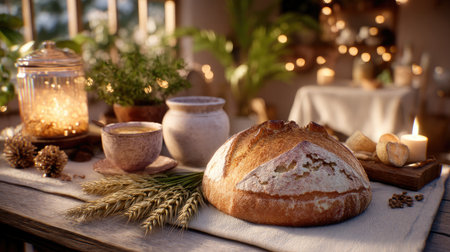 A beautifully arranged scene featuring a rustic loaf of bread on a wooden table, highlighting the warm atmosphere with natural decor and cozy lighting.の素材