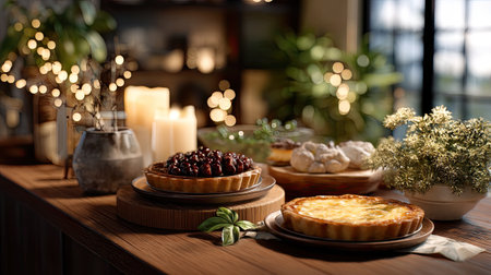 A beautifully arranged dessert table featuring freshly baked pies, soft glowing candles, and decorative plants creates a warm and inviting atmosphere perfect for gatherings.の素材
