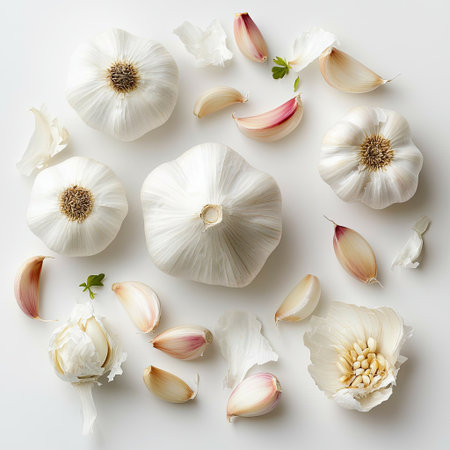 A visually appealing arrangement of fresh garlic bulbs and cloves on a clean white background, showcasing their natural beauty and culinary importance.の素材