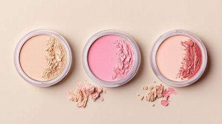 Three round containers of colorful makeup powders sit against a soft background. The arrangement showcases shades of beige and pink, ideal for beauty promotions.の素材