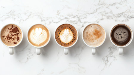 A captivating arrangement of five coffee drinks in white mugs showcases rich colors, artistic foam designs, and a touch of elegance on a marble surface.の素材