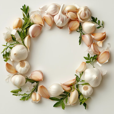 A stunning arrangement of fresh garlic and herbs in a circular pattern, perfect for culinary presentations and food styling inspired by nature.の素材