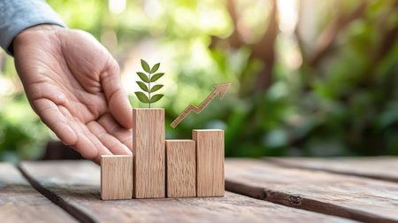 A hand supporting wooden blocks arranged in a bar chart formation, with a green plant sprouting from the top, representing growth and success in business.の素材