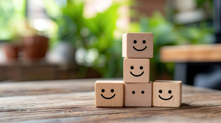 This charming image features stacked wooden blocks with smiley faces, creating a warm and inviting atmosphere in a bright indoor space surrounded by plants.の素材