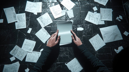 A creative workspace filled with scattered notes and sketches surrounding a person's hands gripping blank pages. This scene captures the essence of brainstorming and creativity in action.の素材