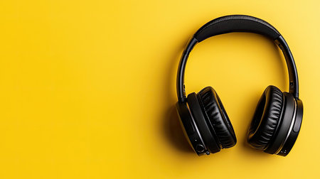 A pair of sleek black wireless headphones rests on a vibrant yellow surface, symbolizing modern audio technology and stylish design for music lovers.の素材