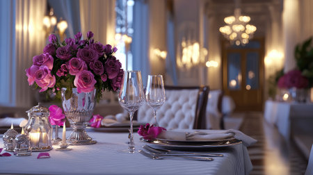 A beautifully arranged dining table featuring pink roses, crystal glassware, and soft candlelight, perfect for romantic dinners or elegant events.の素材