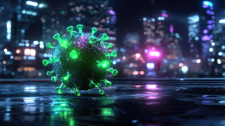 This vibrant 3D illustration showcases a virus model glowing in neon colors against a captivating urban night backdrop, symbolizing modern health challenges.の素材