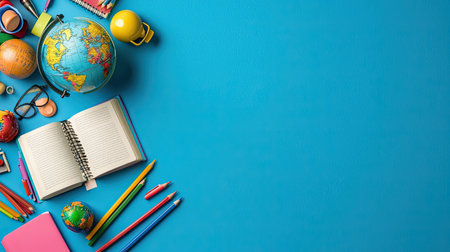 A vibrant flat lay of classroom supplies, featuring a globe, notebook, pencils, and colorful tools on a bright blue background, perfect for educational themes.の素材