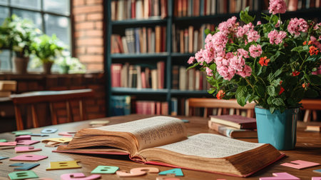 A serene reading nook featuring an open book on a wooden table beside a bright pot of flowers, set against a backdrop of book-filled shelves. Perfect for relaxation.の素材