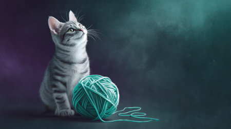 This enchanting image features a charming gray kitten gazing up at the viewer beside a bright yarn ball, evoking a sense of joy and playfulness in a cozy setting.の素材
