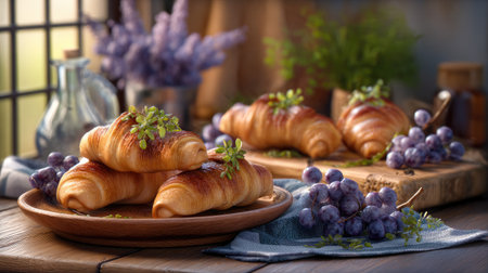 Indulge in the rich flavors of freshly baked croissants paired with juicy grapes and vibrant herbs. This rustic setting captures the essence of a cozy bakery.の素材