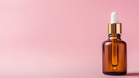 This image showcases an elegant amber glass dropper bottle with a white lid against a soft pink background, perfect for beauty or skincare products.の素材