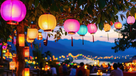 This enchanting scene features colorful lanterns hanging from trees at dusk, creating a warm, inviting ambiance. The backdrop captures a serene landscape with soft lights, perfect for festive celebrations and gatherings.の素材