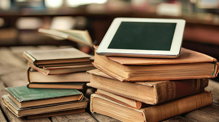 A visual representation of tradition meets modernity, featuring stacked vintage books alongside a sleek tablet on a rustic wooden table, perfect for study.の素材