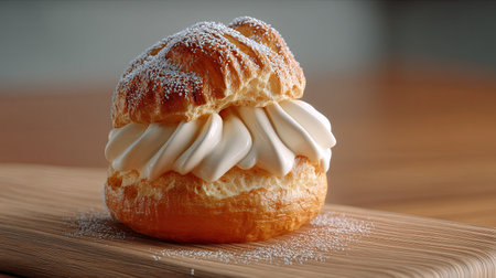 A delectable cream-filled pastry topped with a swirl of whipped cream, beautifully presented on a wooden board, perfect for desserts and gatherings.の素材