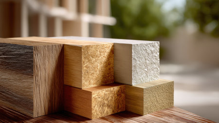 A vivid close-up showcasing an arrangement of wooden blocks in various textures and colors, highlighting the beauty of natural materials and craftsmanship.の素材