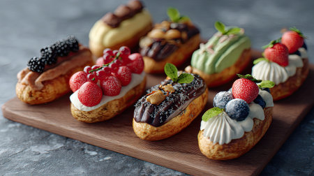This stunning arrangement features a variety of eclairs topped with fresh berries, cream, and mint leaves, perfect for dessert lovers.の素材
