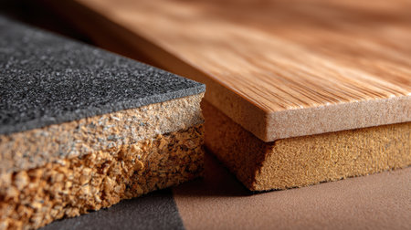 This image showcases a detailed view of different wooden and particle board materials, emphasizing their textures and colors for design projects.の素材