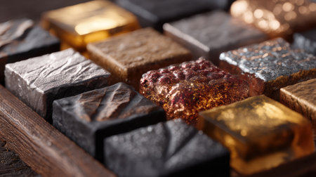 This close-up image captures an assortment of colorful resin samples featuring unique textures displayed on a wooden background, perfect for creative projects.の素材