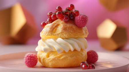 This stunning image features a delicious cream puff pastry filled with whipped cream and topped with fresh raspberries and redcurrants, all set against a vibrant, colorful background that enhances its appeal.の素材