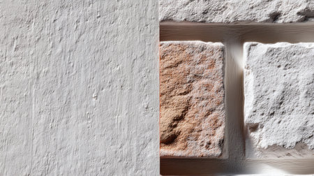 This image showcases a deliberate contrast between a smooth plaster wall and rough stone tiles, emphasizing texture and material in interior design.の素材