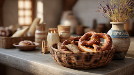 A charming rustic kitchen scene featuring freshly baked pretzels and bread displayed in a woven basket. Warm lighting accentuates the cozy atmosphere.の素材