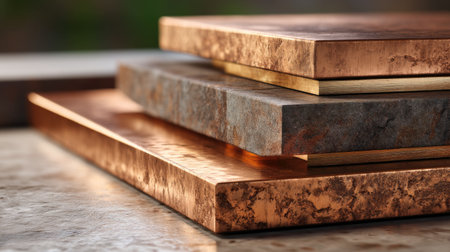 This image showcases a close-up view of beautifully crafted copper and stone layers, ideal for modern design and architectural projects, emphasizing texture and elegance.の素材