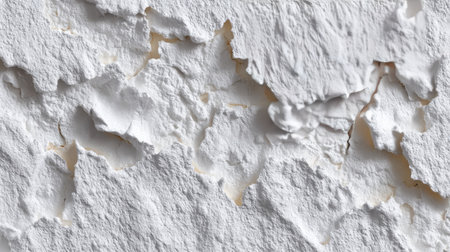 A close-up image showcasing the detailed texture of peeling white plaster, revealing flaking layers and a rough surface. Ideal for design projects.の素材