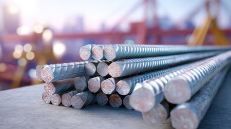 A stack of steel rebars rests on a construction site, showcasing metal construction materials with a blurred urban background, perfect for building projects.の素材